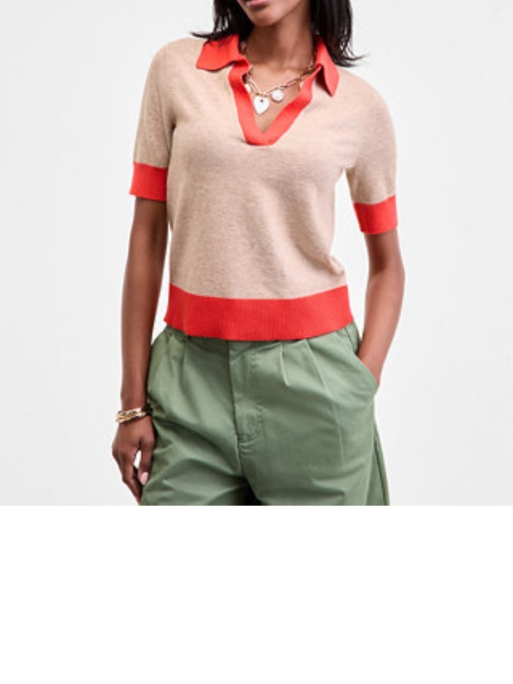 Beige and Coral Short-Sleeve V‑Neck Polo Sweater- On 34th Macys